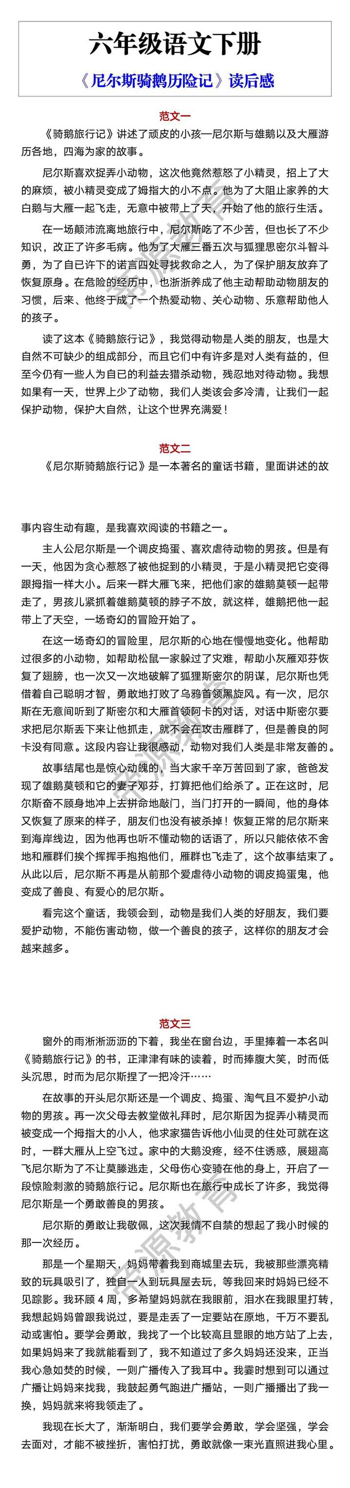 六年级语文下册 《尼尔斯骑鹅历险记》读后感