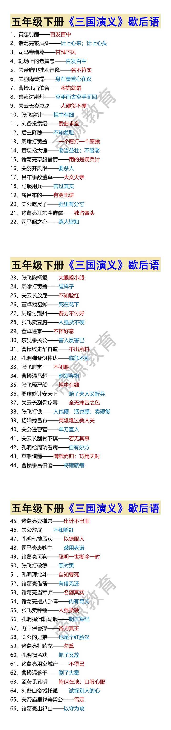 五年级下册《三国演义》歇后语