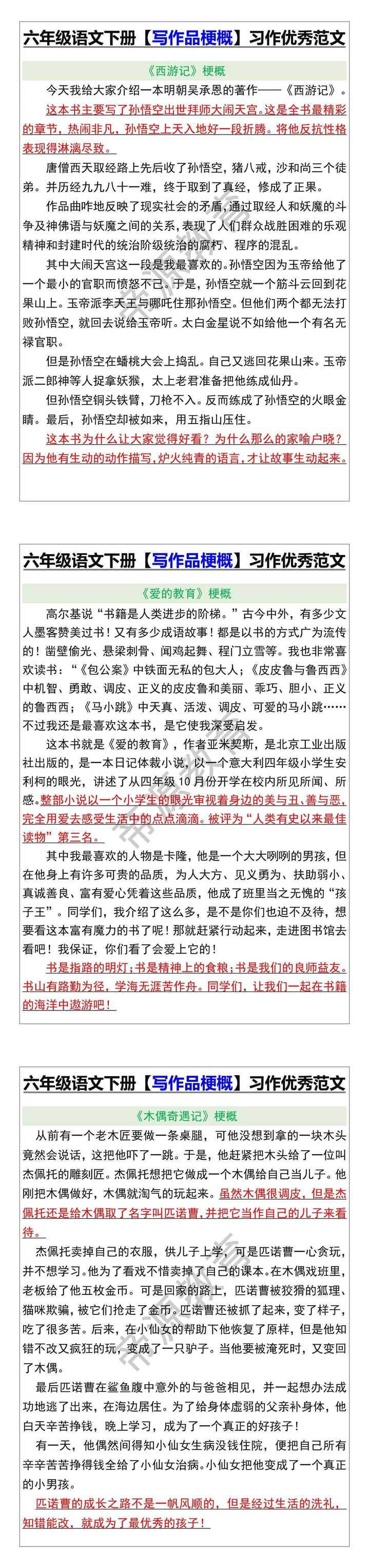 六年级语文下册【写作品梗概】习作优秀范文