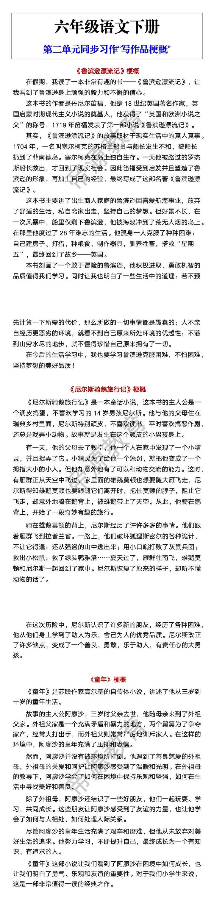 六年级语文下册 第二单元同步习作“写作品梗概”