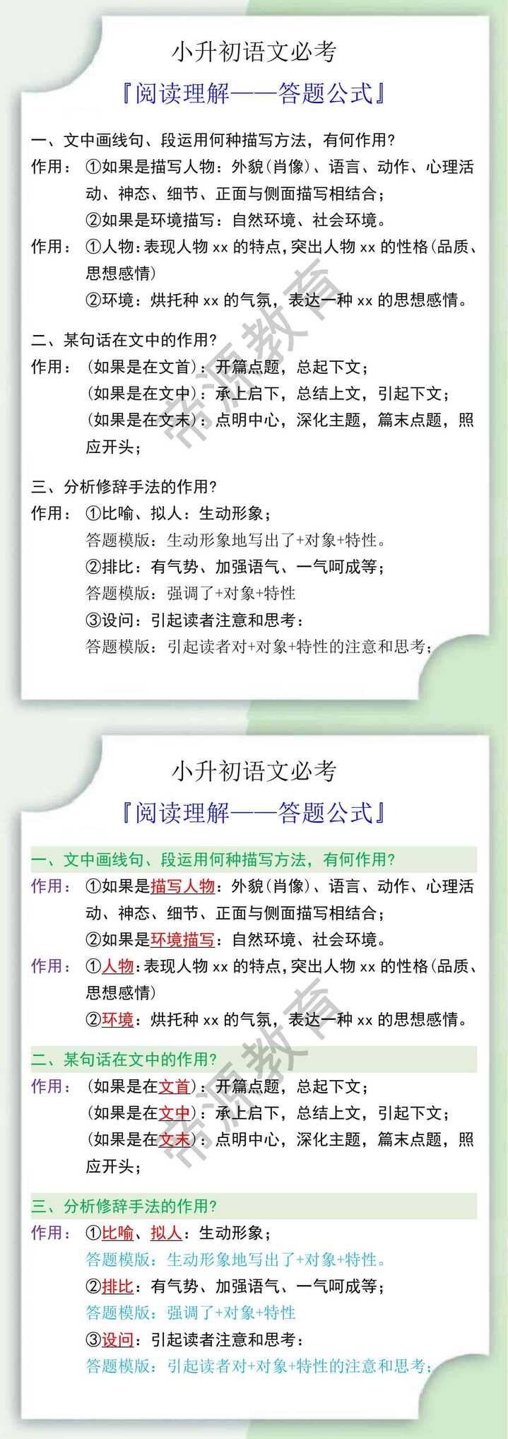 小升初语文必考阅读理解答题公式