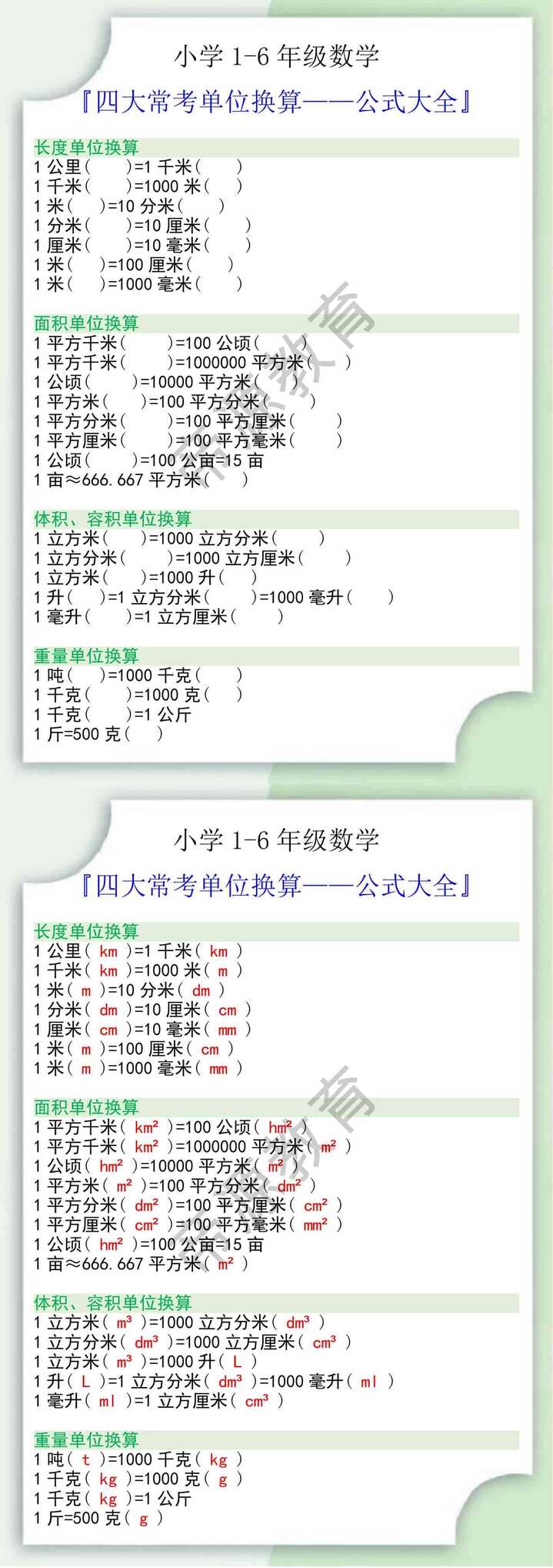 小学1-6年级数学四大常考单位换算