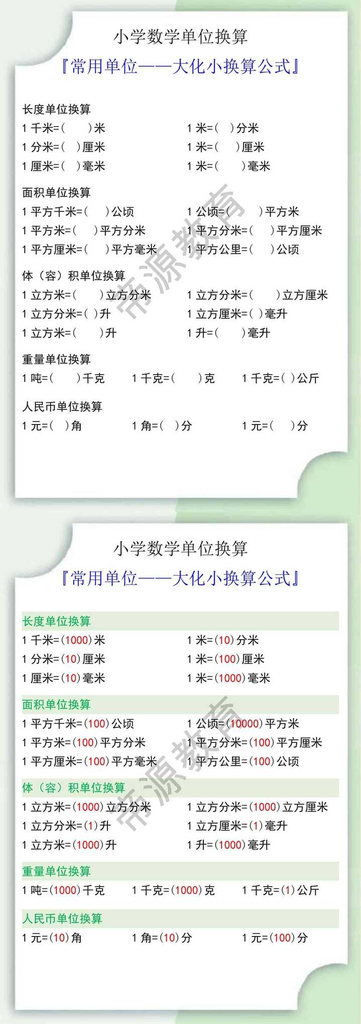 小升初数学常用单位大化小换算公式