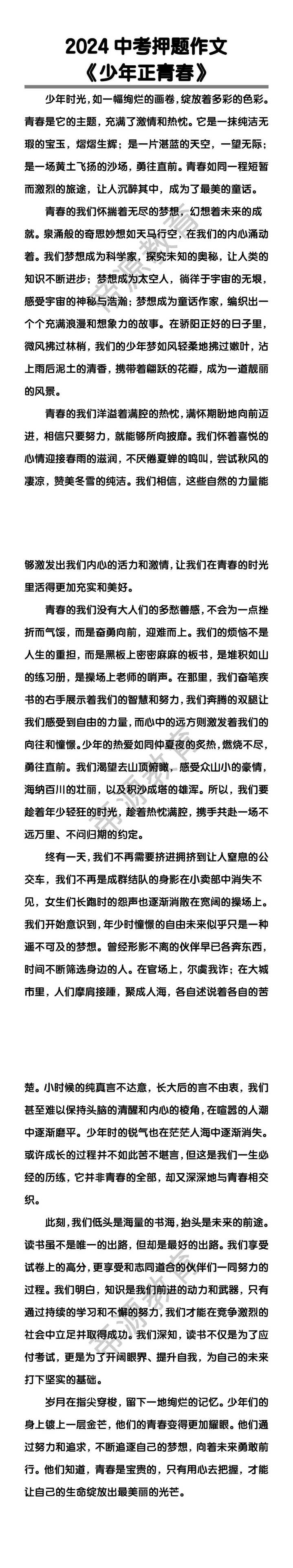 中考押题作文《少年正青春》