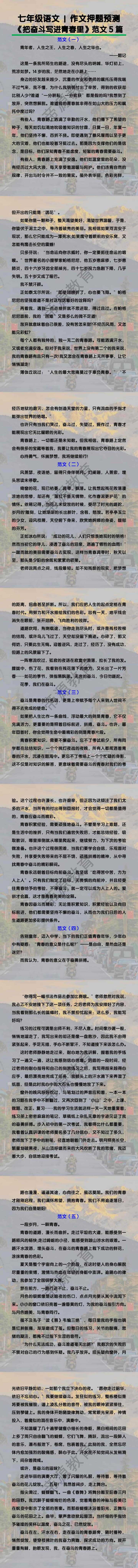 七年级语文作文押题预测《把奋斗写进青春里》范文5篇