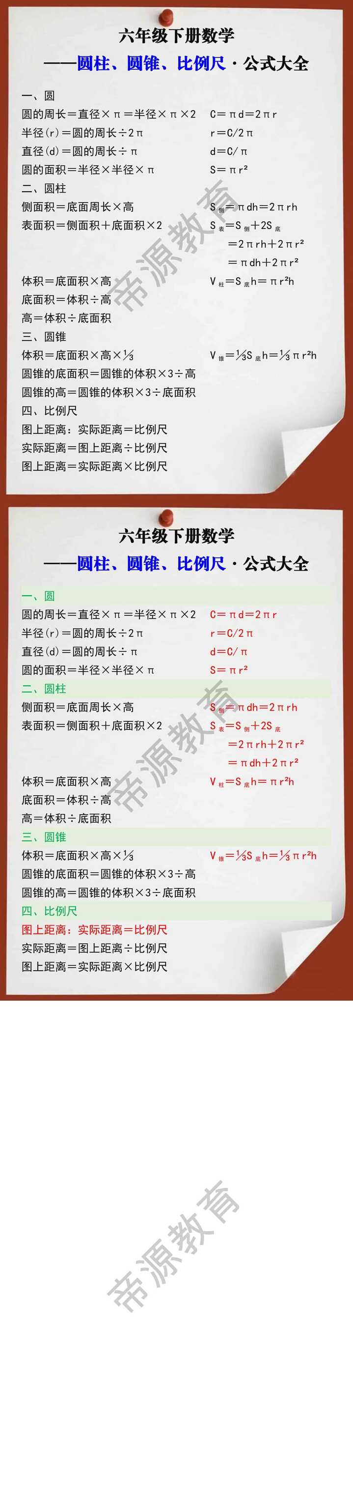 六年级数学下册圆柱、圆锥、比例尺公式大全
