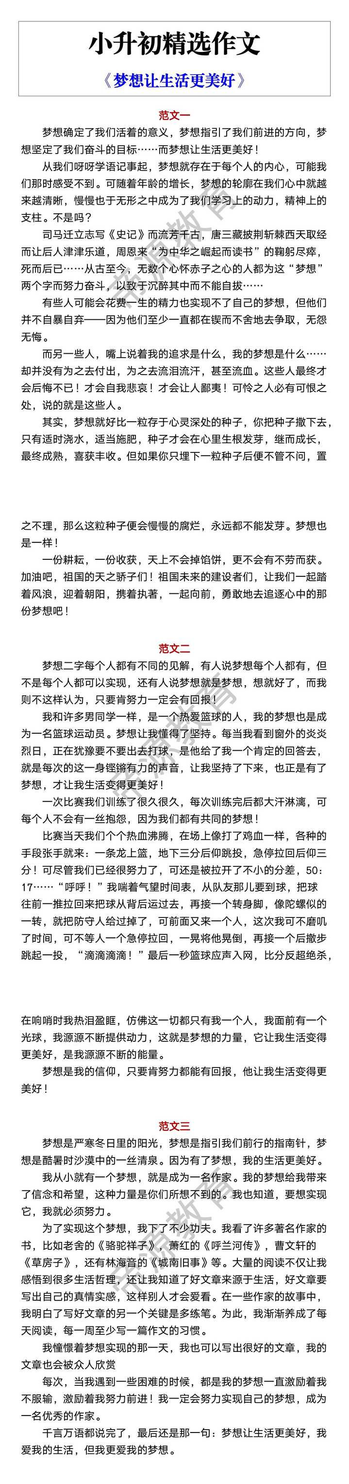 小升初精选作文 《梦想让生活更美好》