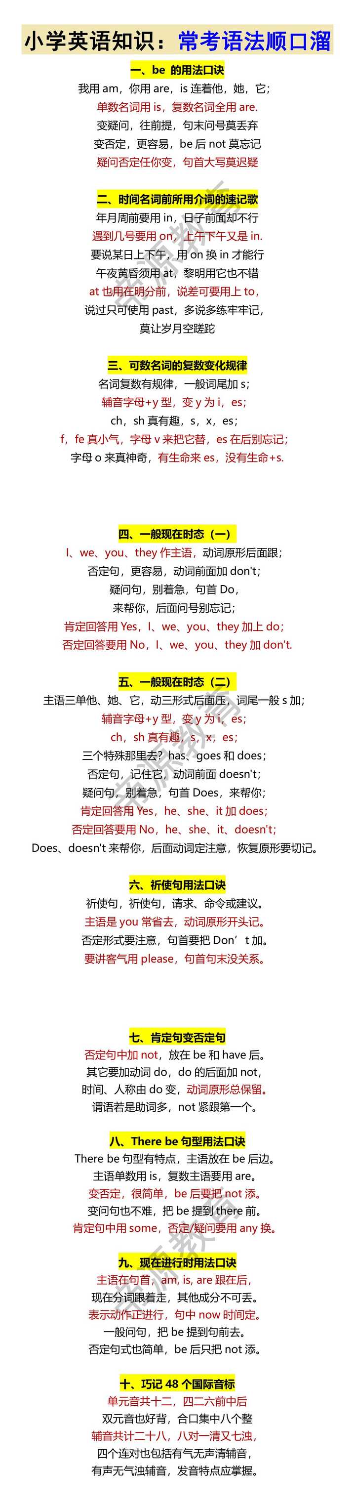 小学英语知识：常考语法顺口溜