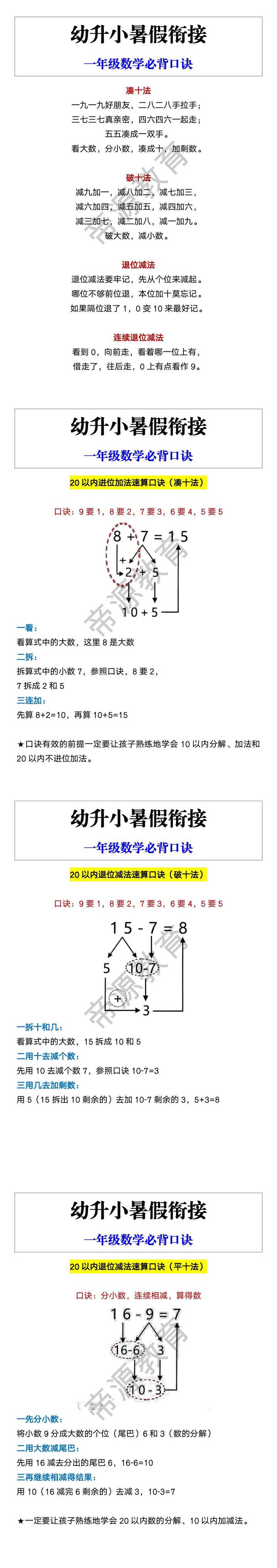 幼升小暑假衔接 一年级数学必背口诀