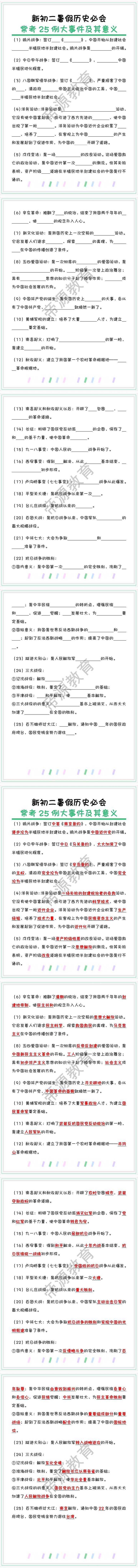 八上历史必会：常考25例大事件及其意义