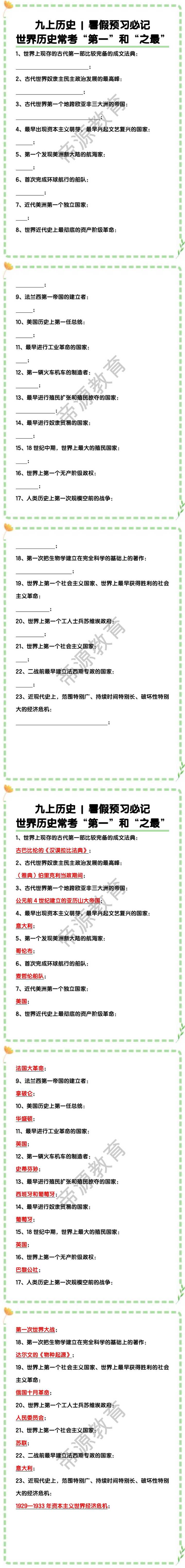 九上历史预习必记：世界历史常考“第一”和“之最”