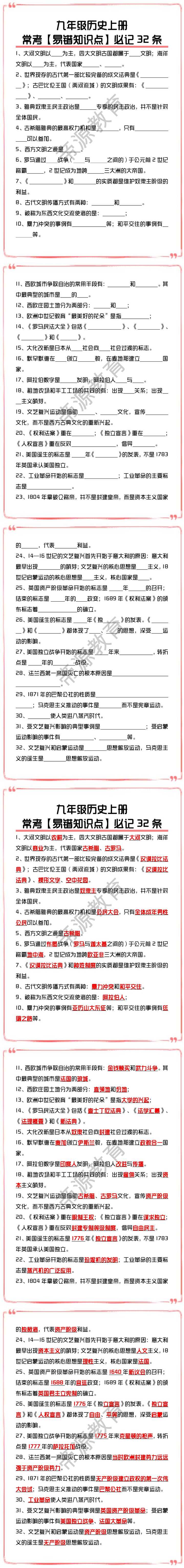 九年级历史上册常考【易错知识点】必记32条
