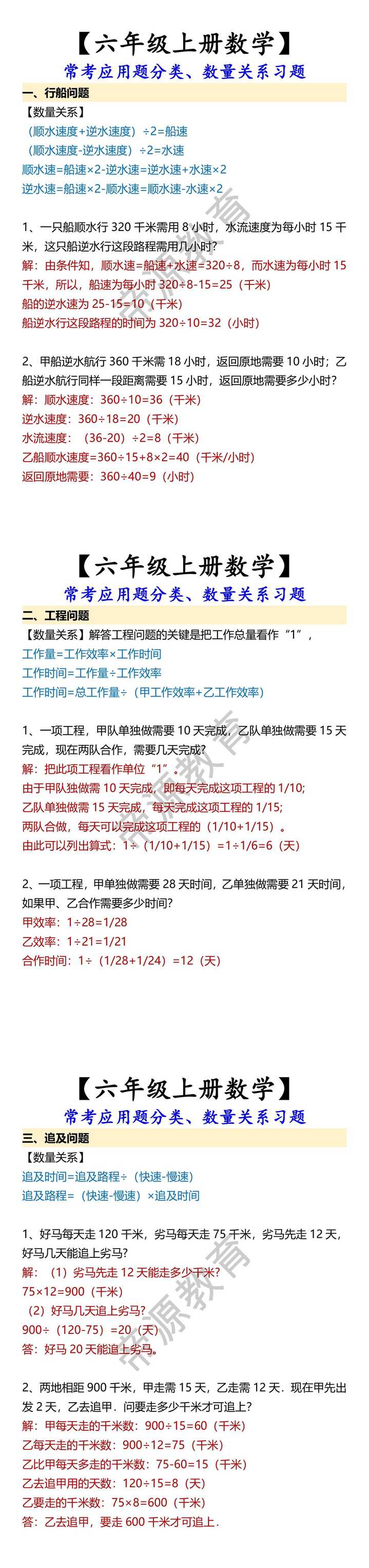【六年级上册数学】 常考应用题分类、数量关系习题