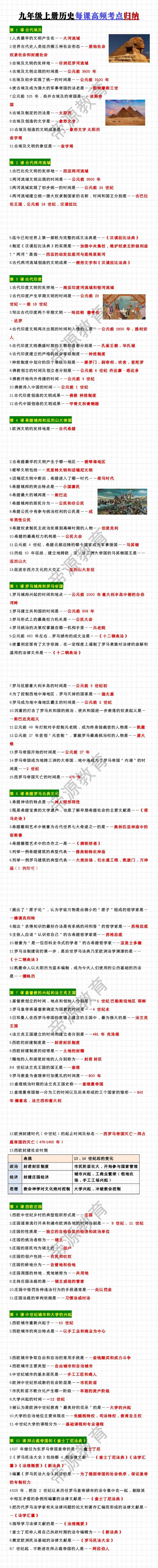 九年级上册历史每课高频考点归纳