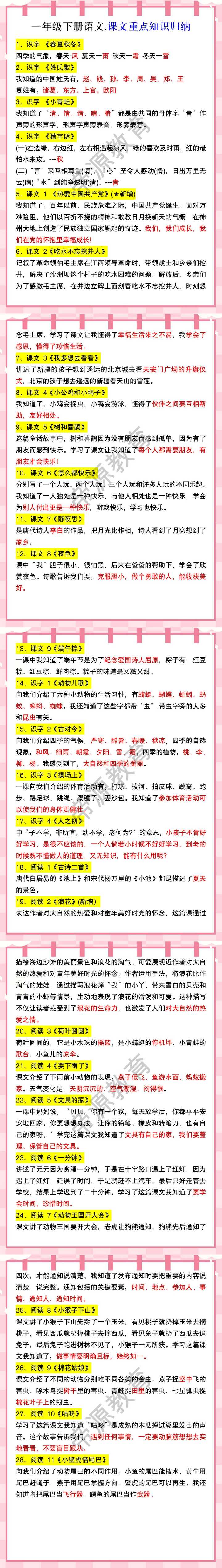 一年级下册语文.课文重点知识归纳