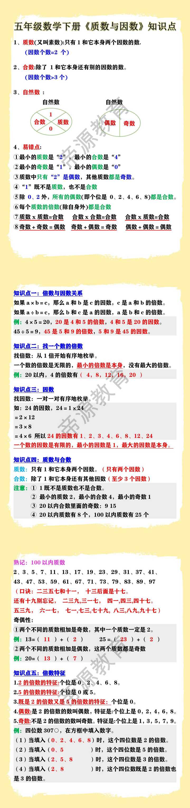 五年级数学下册《质数与因数》知识点