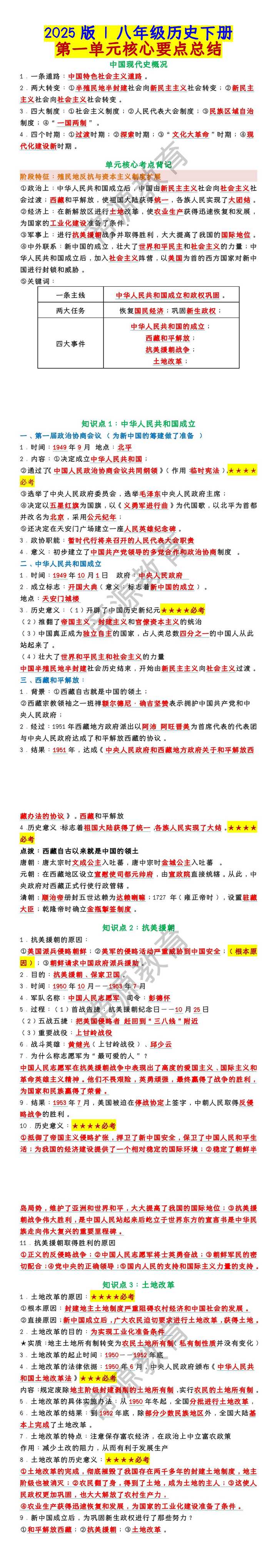 八年级历史下册：第一单元核心要点总结
