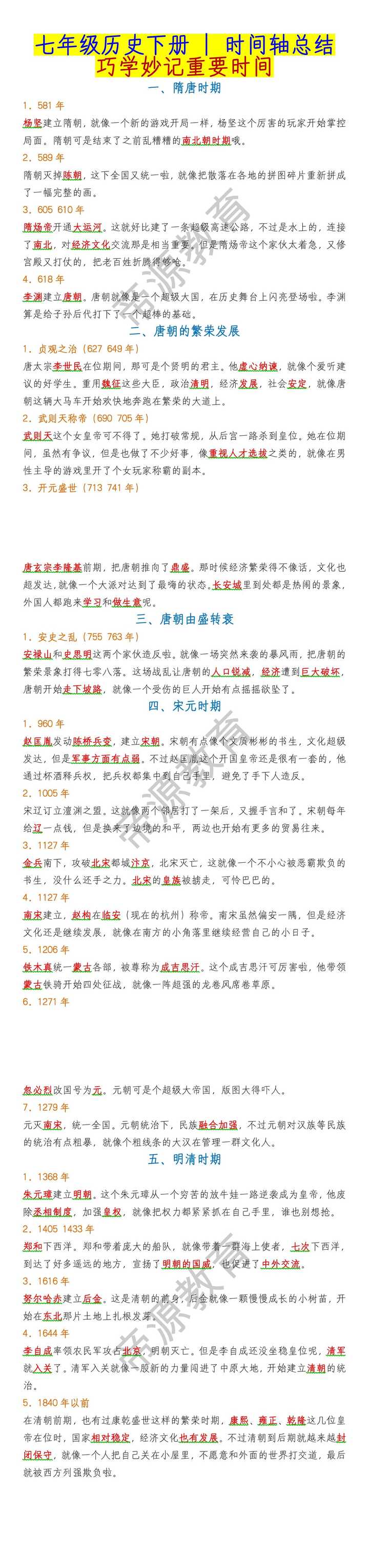 七年级历史下册时间轴总结：巧学妙记重要时间