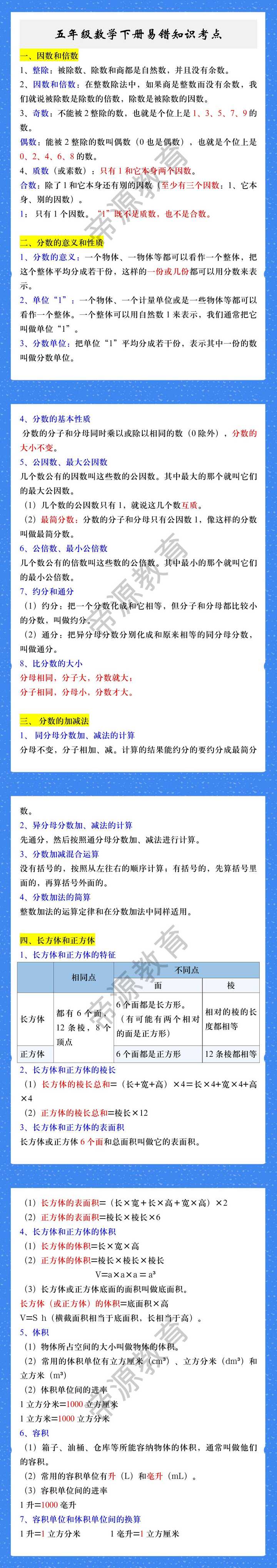 五年级数学下册易错知识考点
