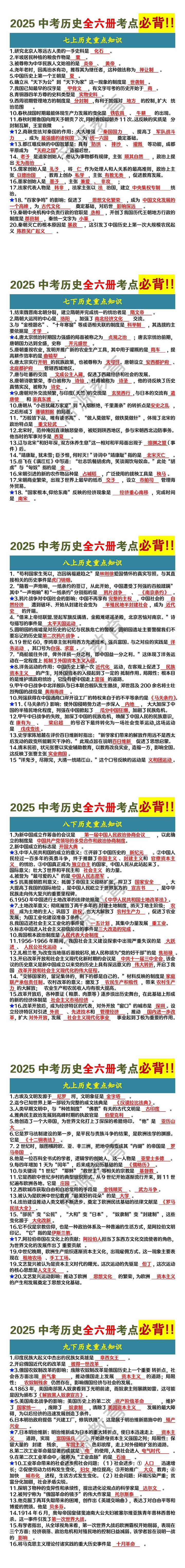 2025中考历史全六册考点