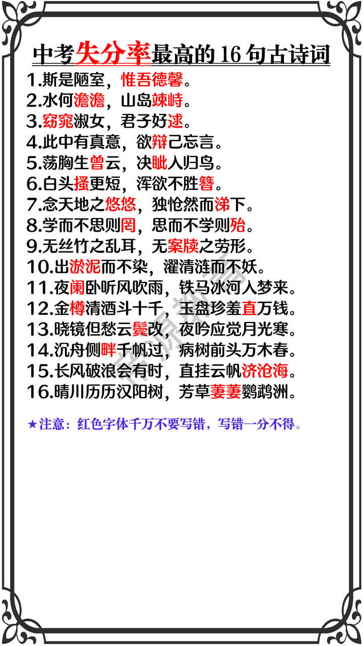 中考失分率最高的16句古诗词