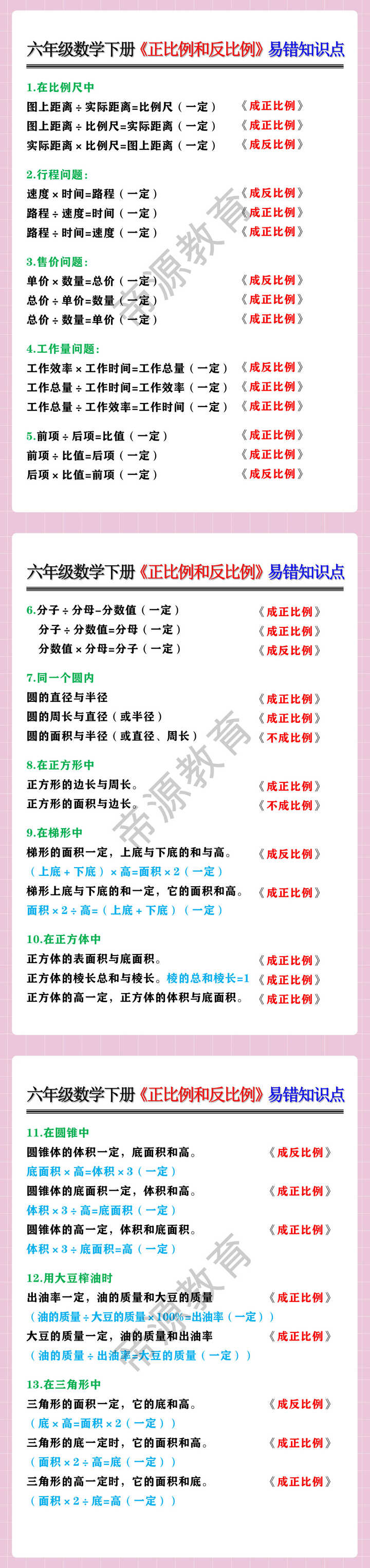 六年级数学下册《正比例和反比例》易错知识点