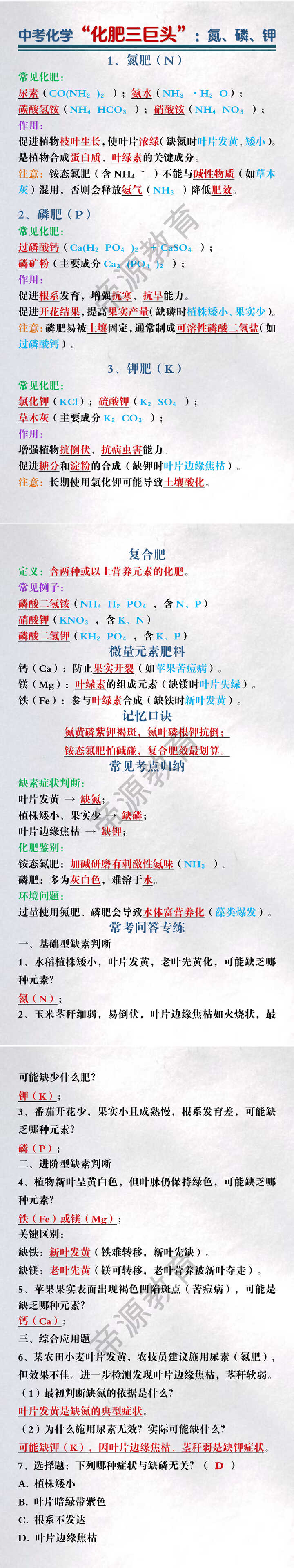 中考化学“化肥三巨头”：氮、磷、钾
