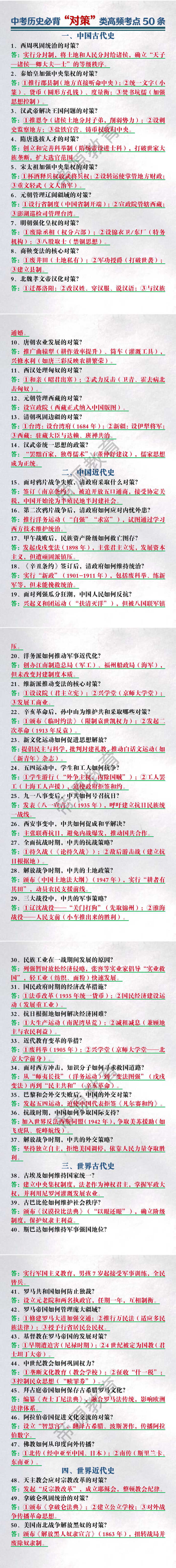 中考历史必背“对策”类高频考点50条