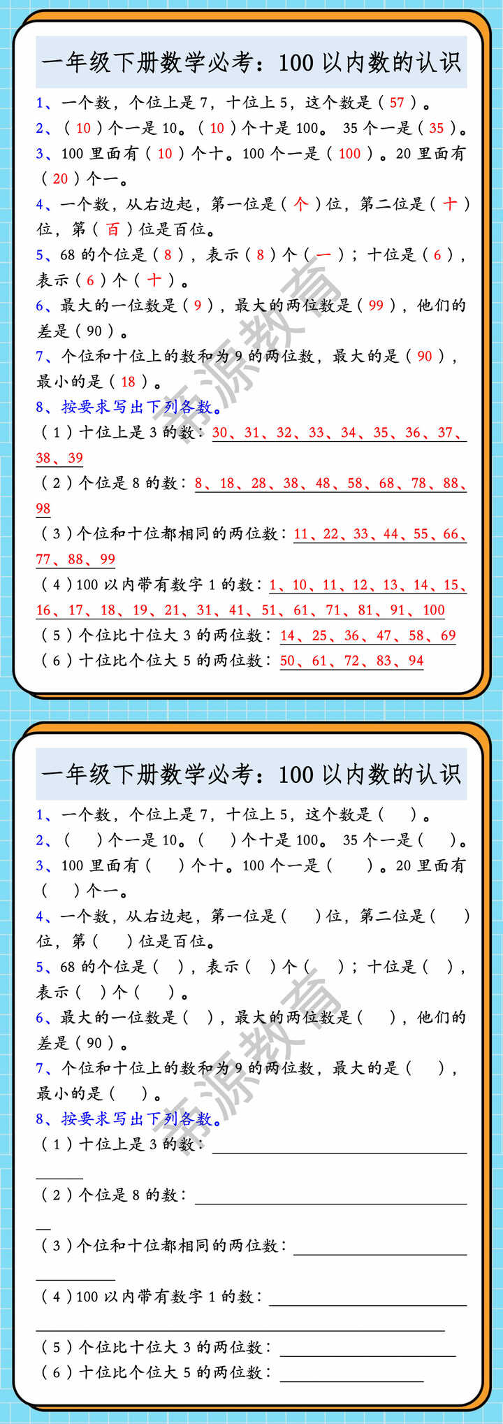 一年级下册数学必考：100以内数的认识
