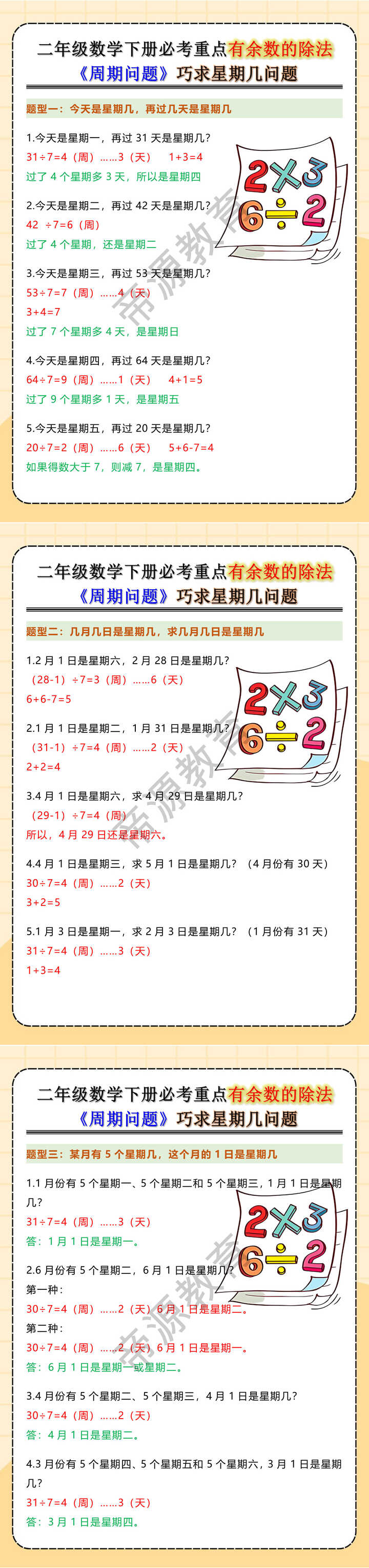 二年级数学下册必考重点有余数的除法《周期问题》巧求星期几问题