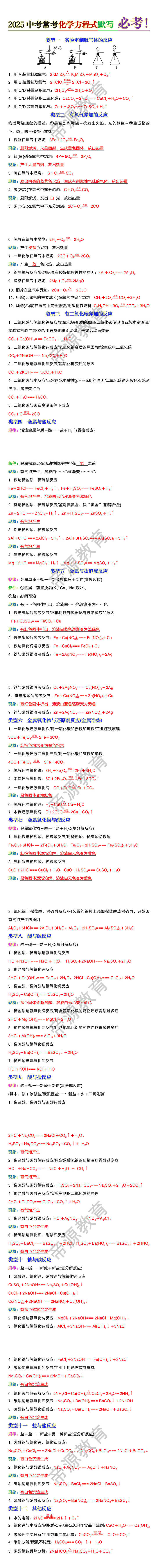 2025中考常考化学方程式默写