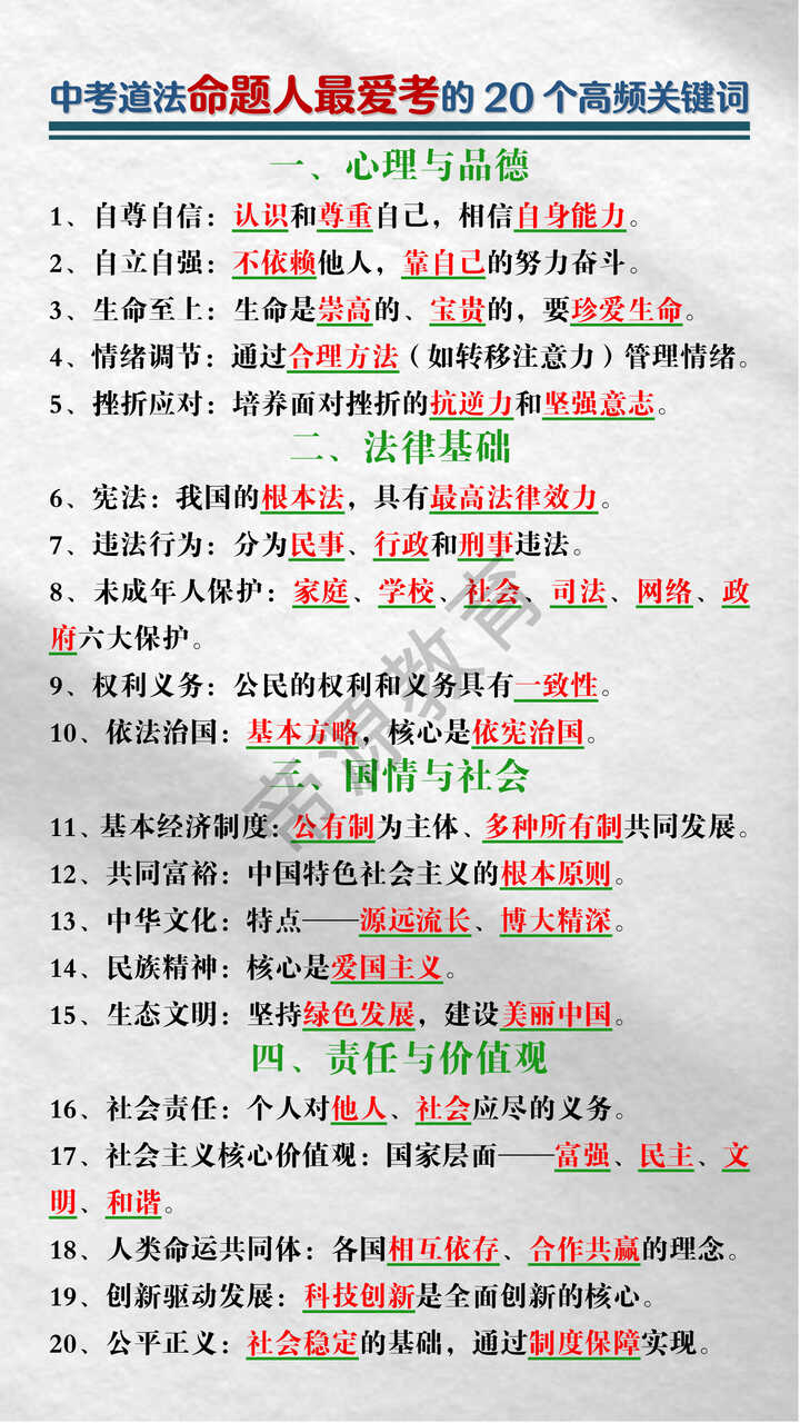 中考道法命题人最爱考的20个高频关键词