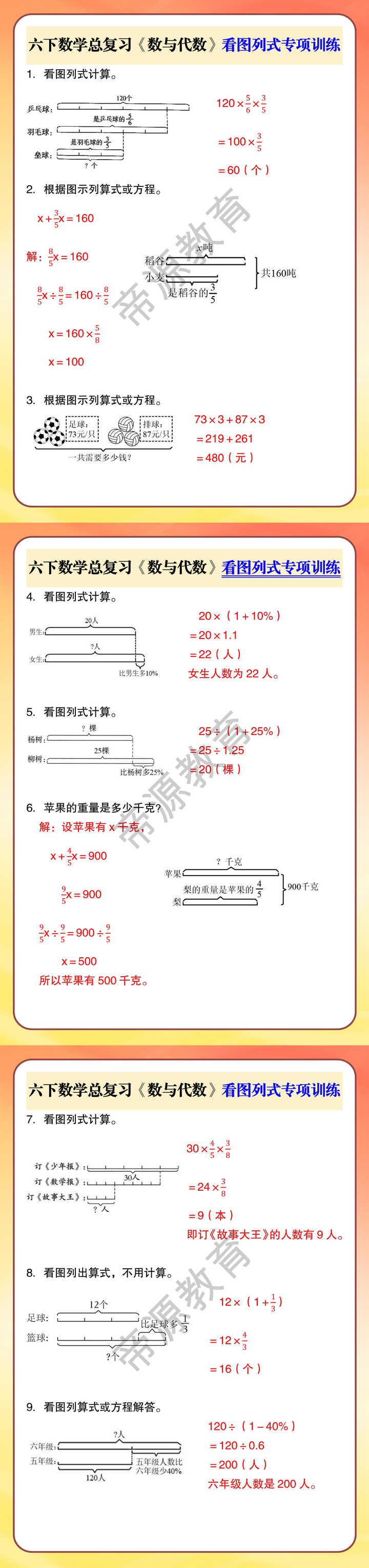 六下数学总复习《数与代数》看图列式专项训练