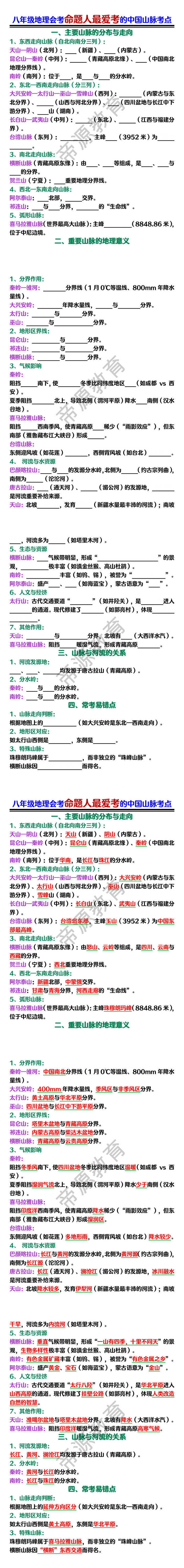 八年级地理会考命题人最爱考的中国山脉考点