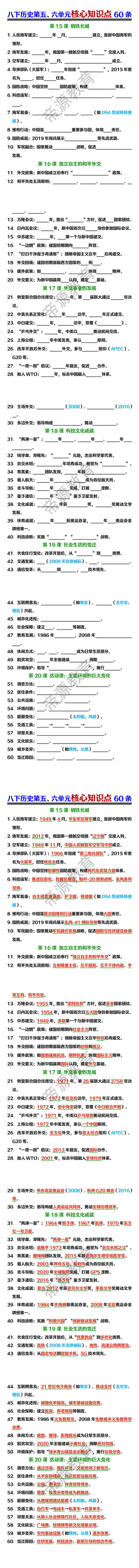 八年级历史下册：第五、六单元核心知识点60条