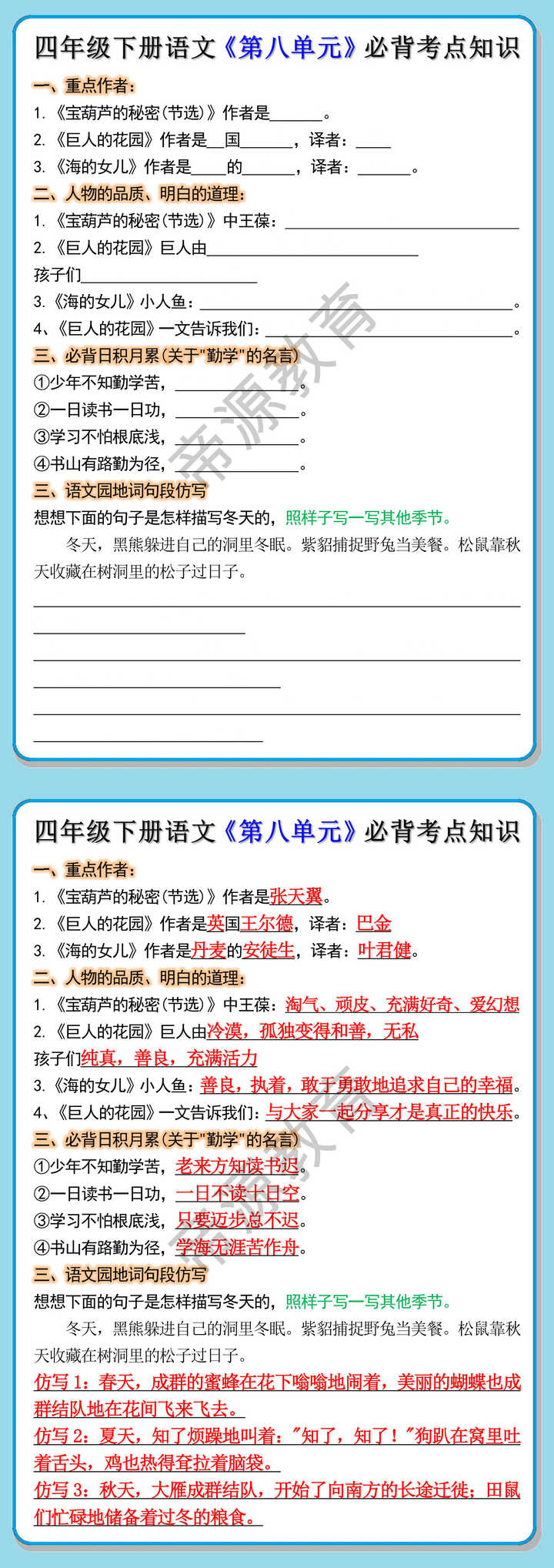 四年级下册语文《第八单元》必背考点知识