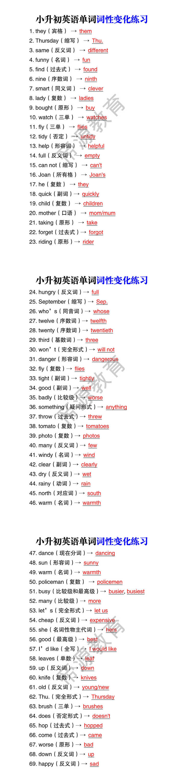 小升初英语单词词性变化练习