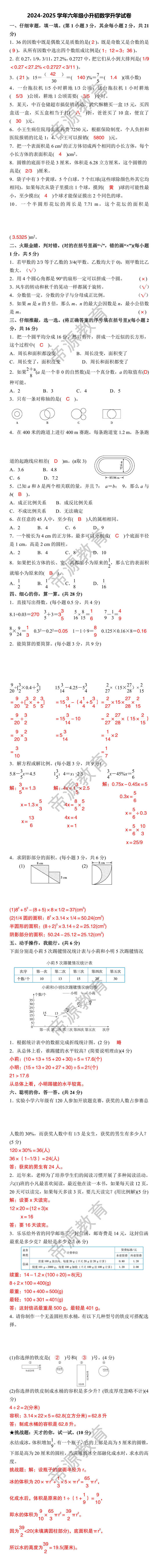 2024-2025学年六年级小升初数学升学试卷