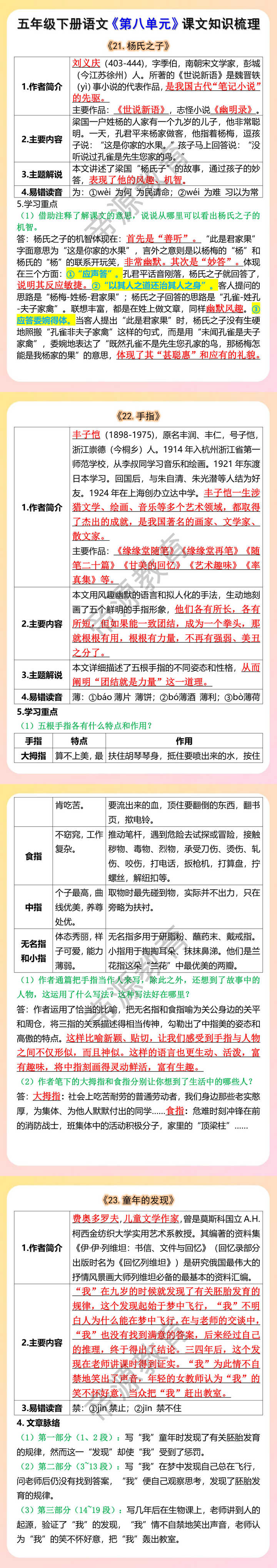 五年级下册语文《第八单元》课文知识梳理