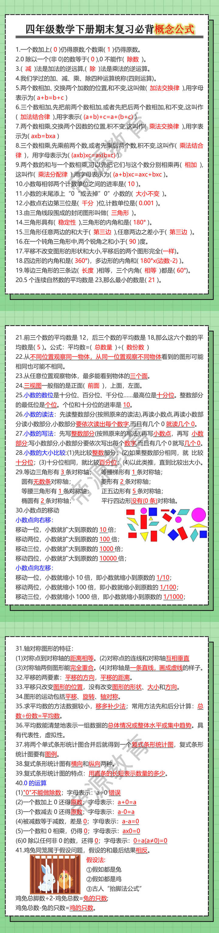 四年级数学下册期末复习必背概念公式