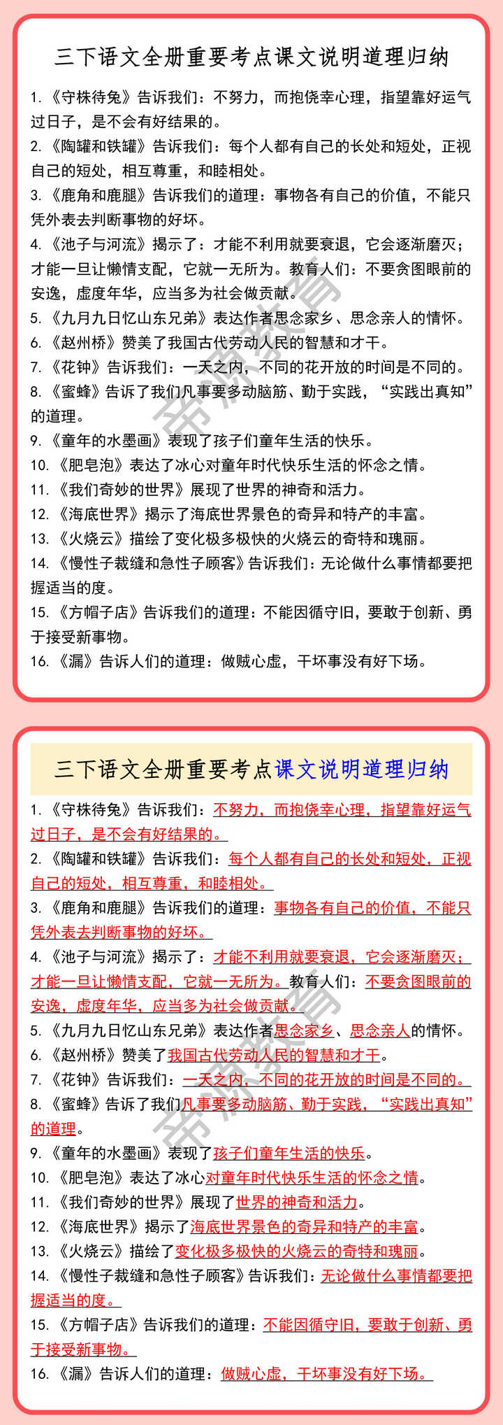 三下语文全册重要考点课文说明道理归纳