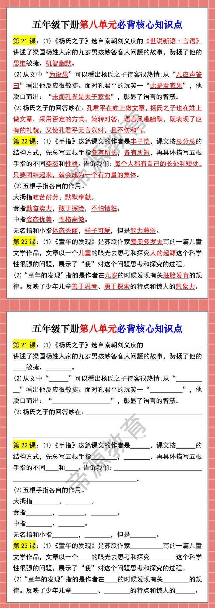 五年级下册第八单元必背核心知识点