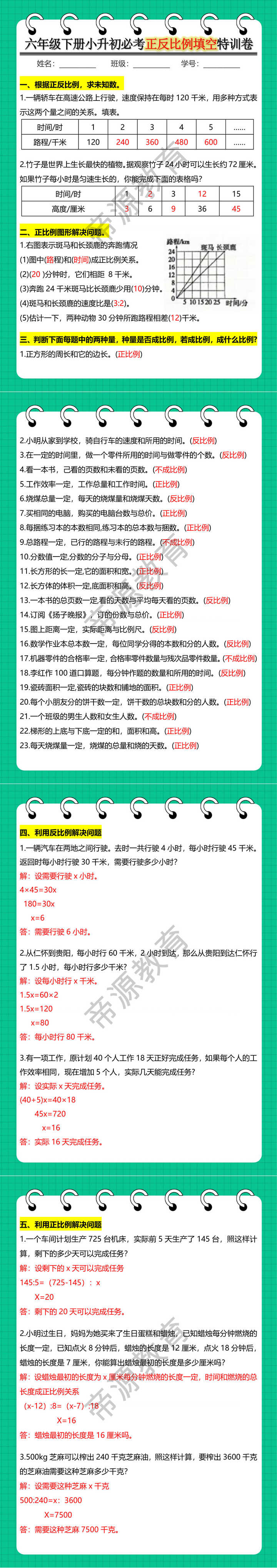 六年级下册小升初必考正反比例填空特训卷