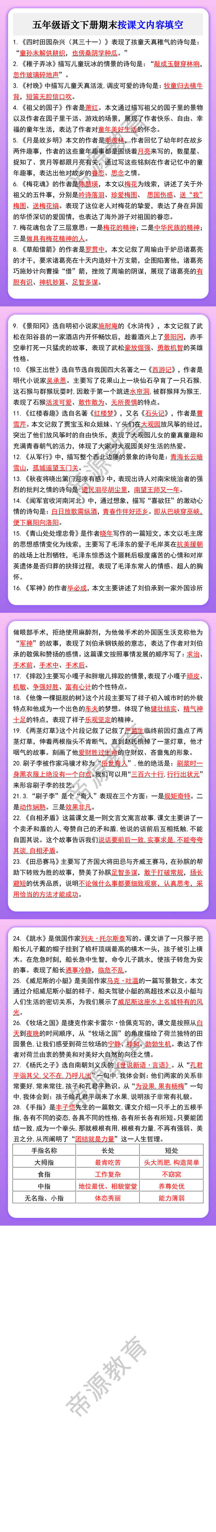 五年级语文下册期末按课文内容填空