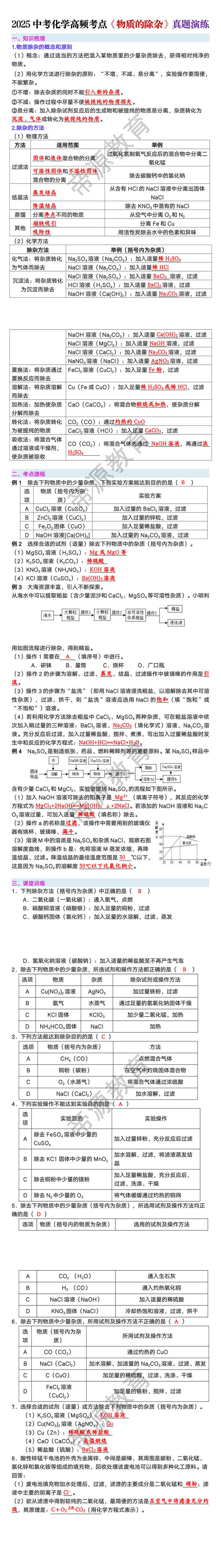 2025中考化学高频考点《物质的除杂》真题演练