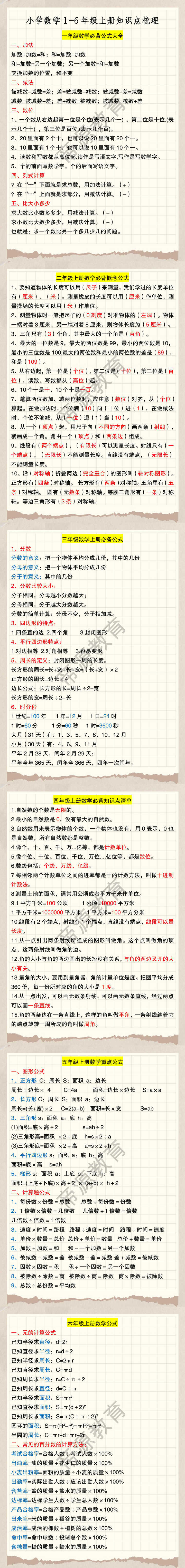 小学数学1-6年级上册知识点梳理