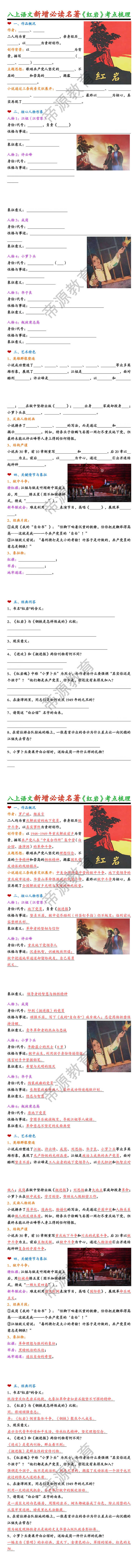 八上语文新增必读名著《红岩》考点梳理