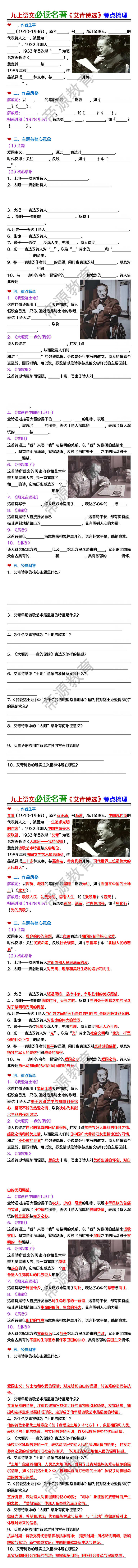 九上语文必读名著《艾青诗选》考点梳理