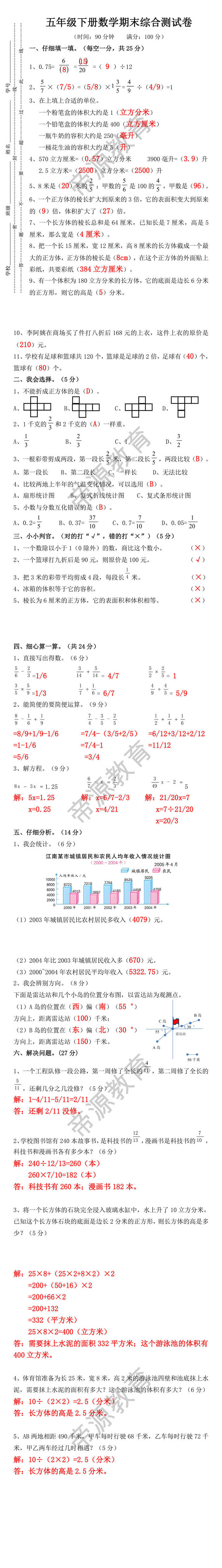 五年级下册数学期末综合测试卷，提前练习考高分！