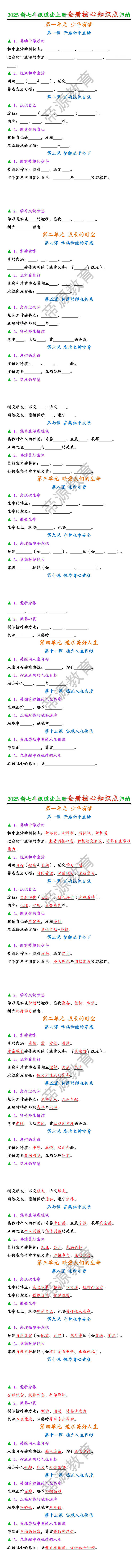 2025新七年级道法上册全册核心知识点归纳